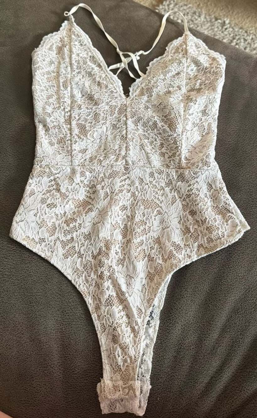Epiphany White Floral Lace Bodysuit with Nude Lining Size Medium